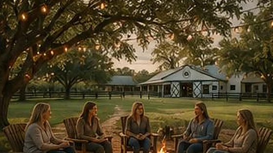 People gathered around the fire pit under the oaks