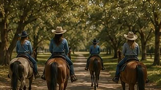 Riders in single file along a shaded sand trail